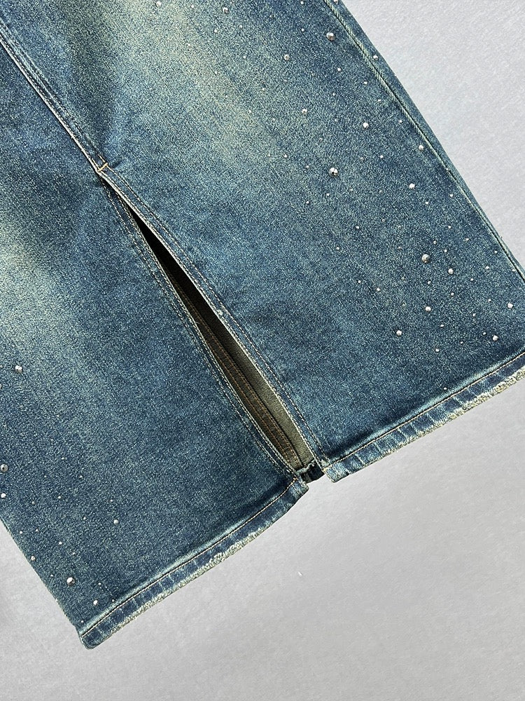 Hot diamond denim skirt women's trendy 2023 new autumn elastic high waist slimming European station slit mid-length skirt