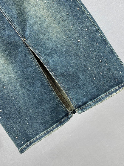 Hot diamond denim skirt women's trendy 2023 new autumn elastic high waist slimming European station slit mid-length skirt