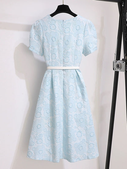 Blue Dress Formal Occasions 2024 New Women's Summer French Style Puff Sleeve High-End Exquisite Waist Dress