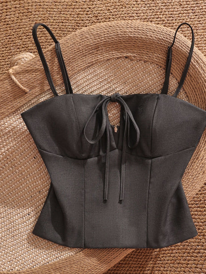 Sweet and cool gray sexy girl outerwear hollowed-out camisole tank top with bra padding, short design, niche style top