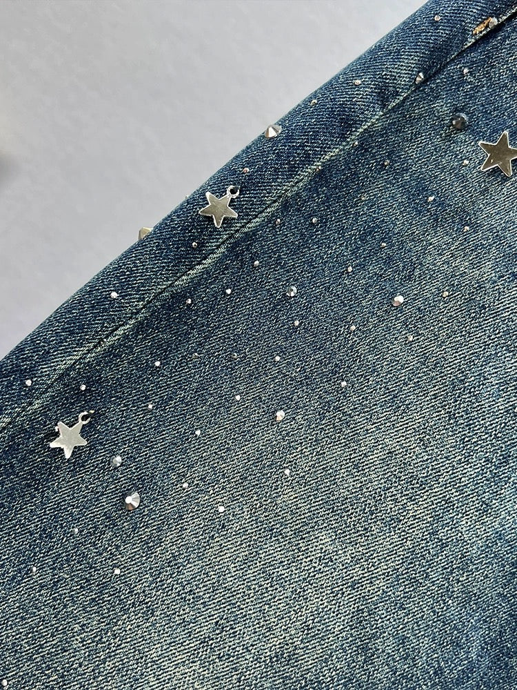 Hot diamond denim skirt women's trendy 2023 new autumn elastic high waist slimming European station slit mid-length skirt