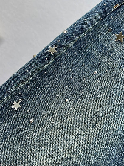 Hot diamond denim skirt women's trendy 2023 new autumn elastic high waist slimming European station slit mid-length skirt