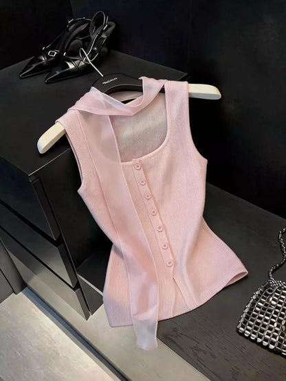 Chic French-style ice-silk knit camisole featuring a square neck and elegant ribbon halter straps—a stylish, sleeveless top perfect for summer wear.