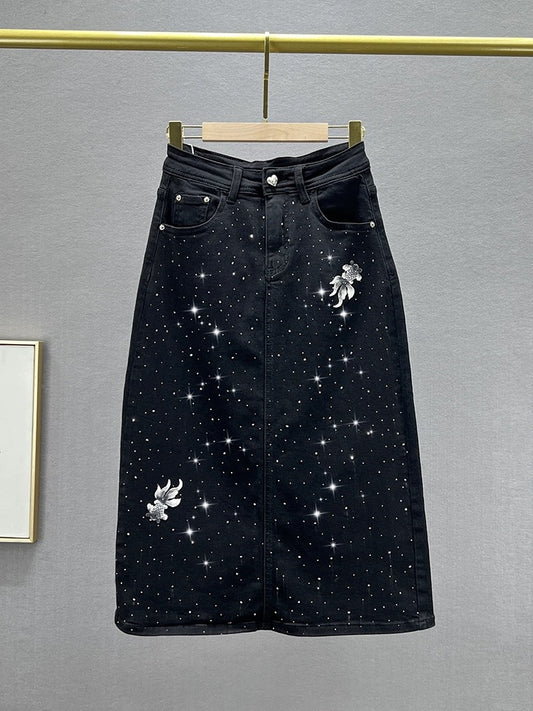 Heavy Industry Full Diamond Denim Skirt Women's 2024 New Spring and Summer High Waist Loose Slim European Station Midi-Length Skirt