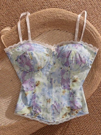 Retro chic sweet and spicy fishbone camisole for women, perfect for wearing as outerwear, sexy print, unique short style, suitable for layering.
