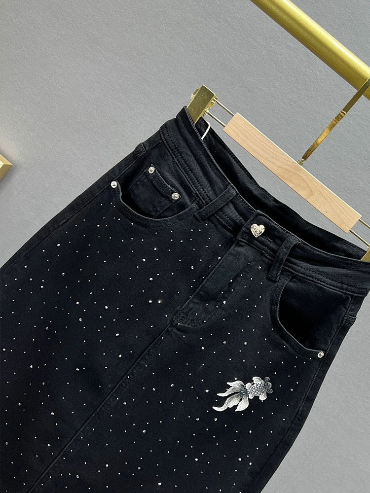 Heavy Industry Full Diamond Denim Skirt Women's 2024 New Spring and Summer High Waist Loose Slim European Station Midi-Length Skirt