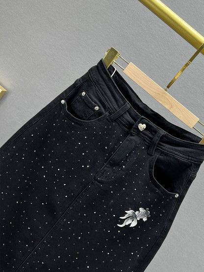 Heavy Industry Full Diamond Denim Skirt Women's 2024 New Spring and Summer High Waist Loose Slim European Station Midi-Length Skirt