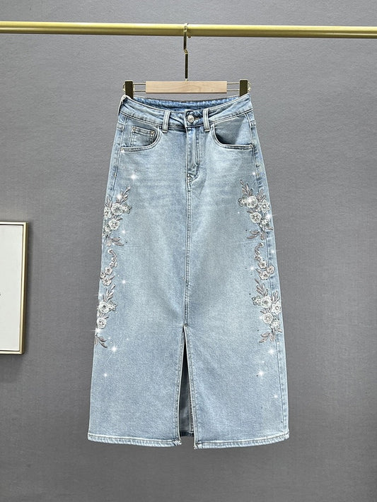 Ethnic style embroidered slit denim skirt for women 2024 new spring and summer high waist slimming mid-length skirt