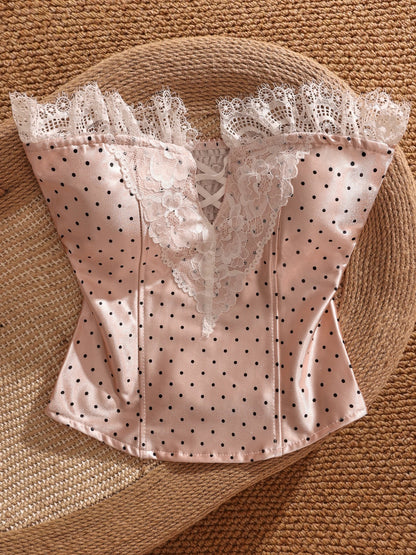 Miu style polka dot sexy lace camisole top, strapless, off-the-shoulder, waist-cinching, padded bra top.