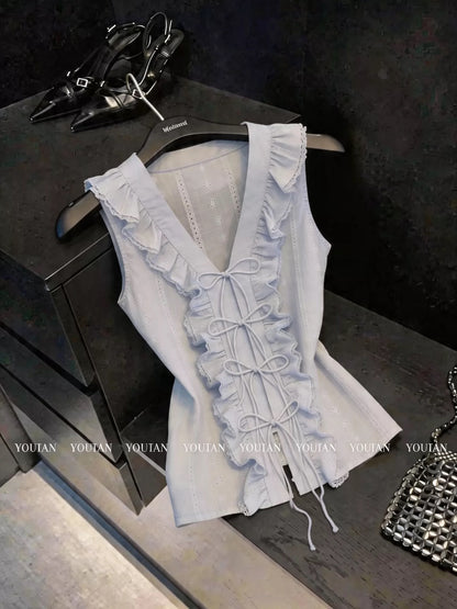 Guangzhou Shisanhang Sleeveless Lace-Embroidered Blouse with V-Neck and Ruffles – Sophisticated Style Suitable for Outerwear