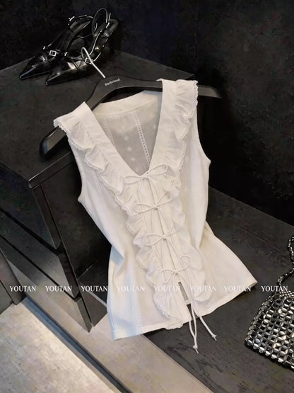 Guangzhou Shisanhang Sleeveless Lace-Embroidered Blouse with V-Neck and Ruffles – Sophisticated Style Suitable for Outerwear