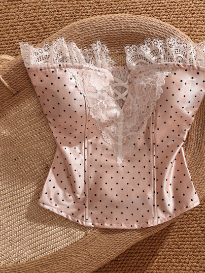 Miu style polka dot sexy lace camisole top, strapless, off-the-shoulder, waist-cinching, padded bra top.