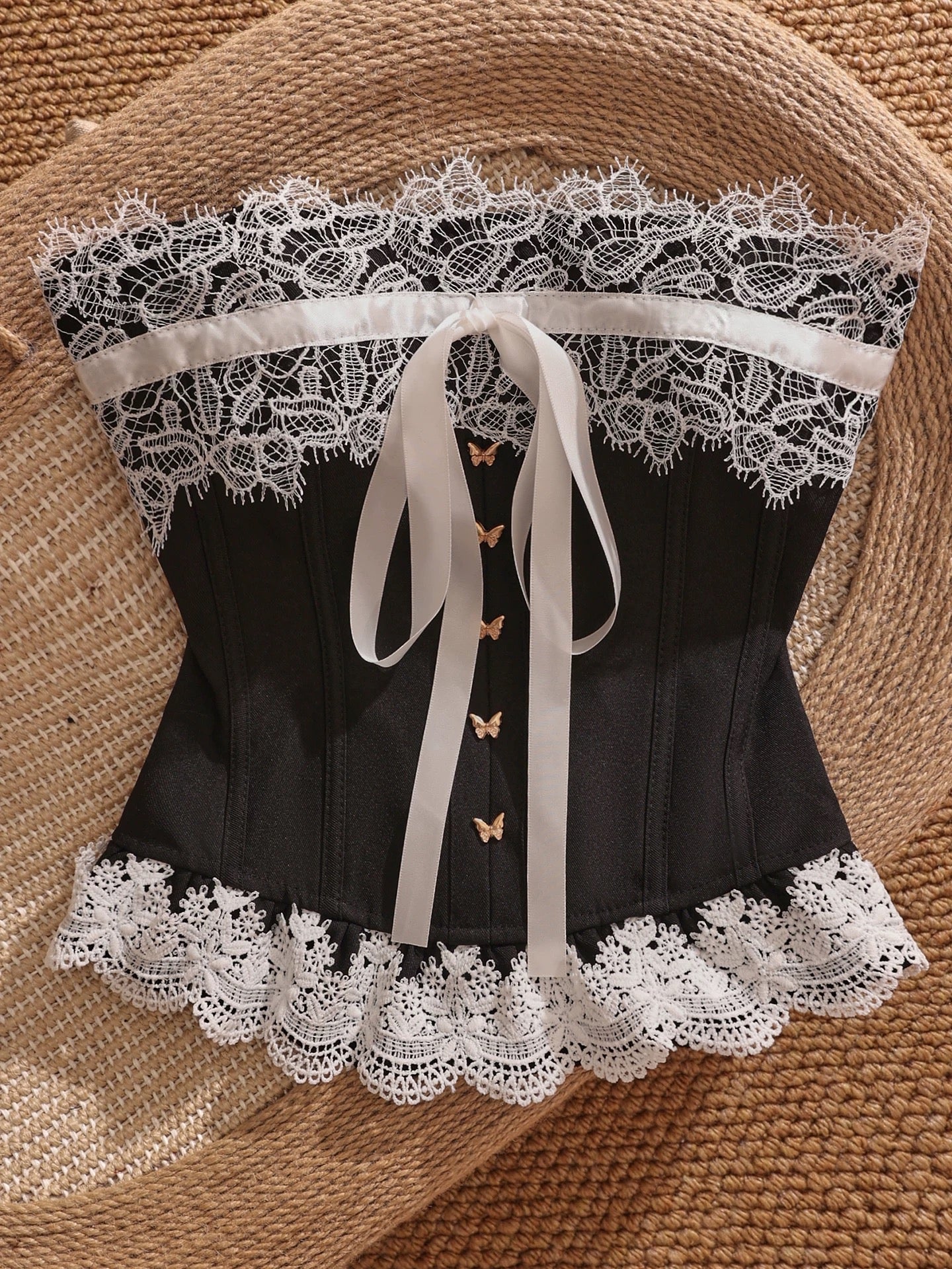 Black bow tie sexy lace strapless vest women's outerwear design unique patchwork bra top