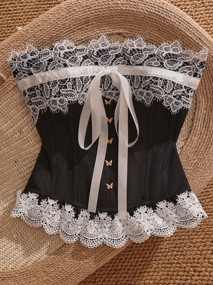 Black bow tie sexy lace strapless vest women's outerwear design unique patchwork bra top