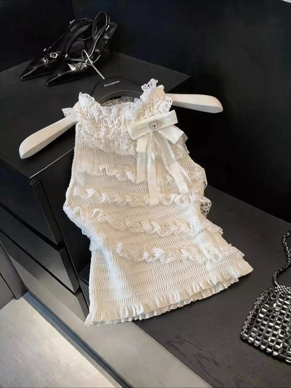 Guangzhou Shisanhang Sleeveless Halter Top with Bow Detail – Featuring Tiered Lace-Trimmed Hem and Cake-Layer Style