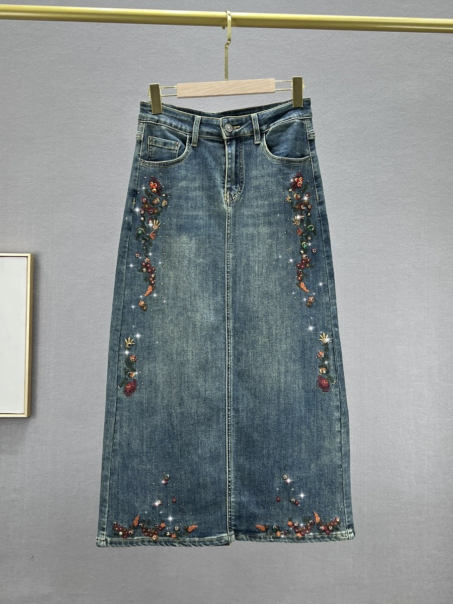 Denim skirt for women 2024 new spring and autumn high-waisted loose slimming ethnic style embroidered hot diamond mid-length skirt