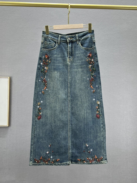 Denim skirt for women 2024 new spring and autumn high-waisted loose slimming ethnic style embroidered hot diamond mid-length skirt