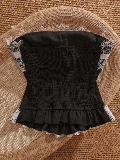 Black bow tie sexy lace strapless vest women's outerwear design unique patchwork bra top