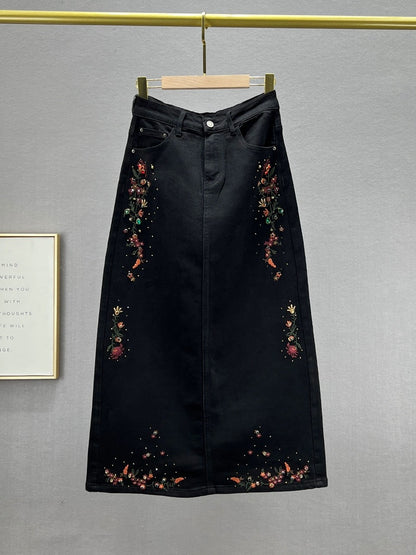 Denim skirt for women 2024 new spring and autumn high-waisted loose slimming ethnic style embroidered hot diamond mid-length skirt