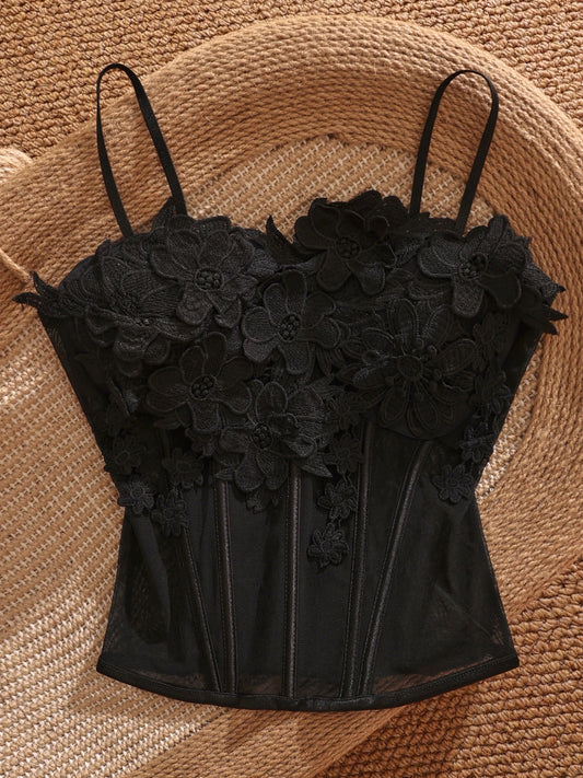 Black sexy 3D floral fishbone camisole top with bra padding, perfect for layering over a short, sexy, and alluring top.