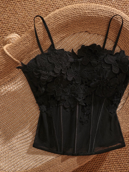 Black sexy 3D floral fishbone camisole top with bra padding, perfect for layering over a short, sexy, and alluring top.