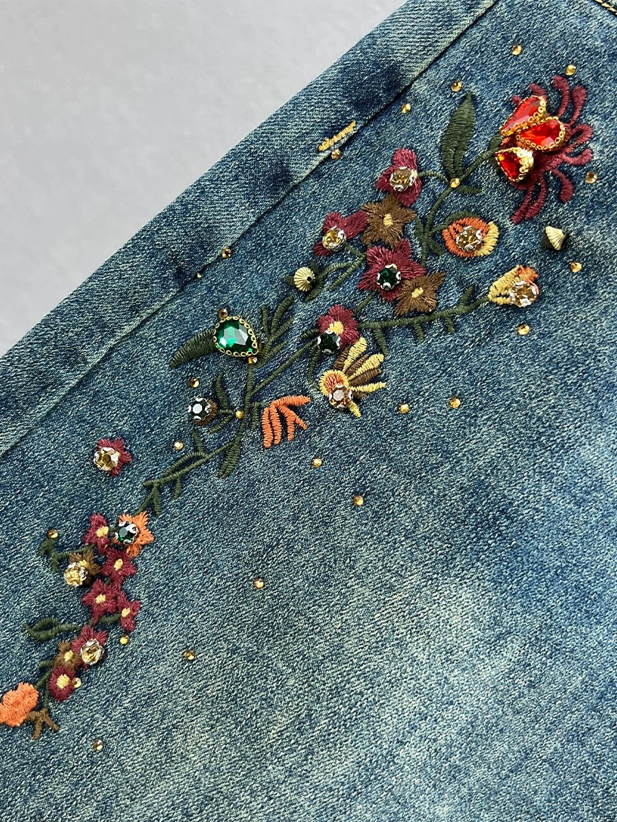 Denim skirt for women 2024 new spring and autumn high-waisted loose slimming ethnic style embroidered hot diamond mid-length skirt