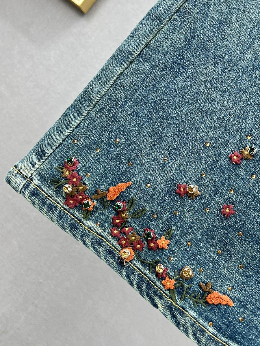 Denim skirt for women 2024 new spring and autumn high-waisted loose slimming ethnic style embroidered hot diamond mid-length skirt