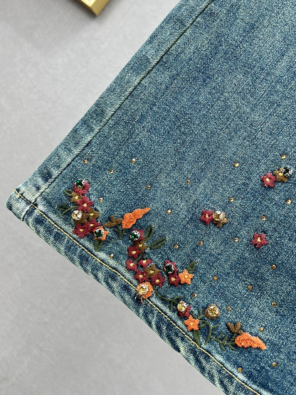 Denim skirt for women 2024 new spring and autumn high-waisted loose slimming ethnic style embroidered hot diamond mid-length skirt