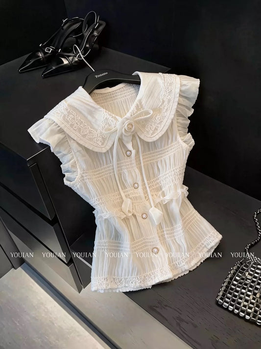 Hangzhou Sijiqing High-End Clothing: French Chic, Beautiful Lace-Trimmed Shirt, Exquisite Short-Sleeved Top for Summer