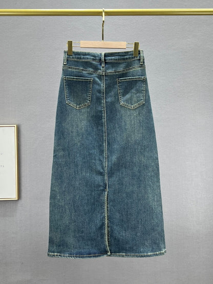 Denim skirt for women 2024 new spring and autumn high-waisted loose slimming ethnic style embroidered hot diamond mid-length skirt