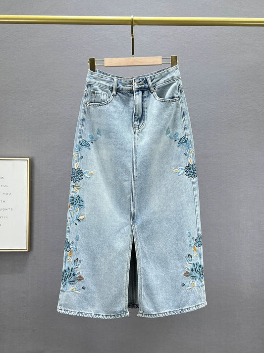 Ethnic style embroidered denim skirt for women 2024 new spring and summer high waist slimming slim slit hip skirt