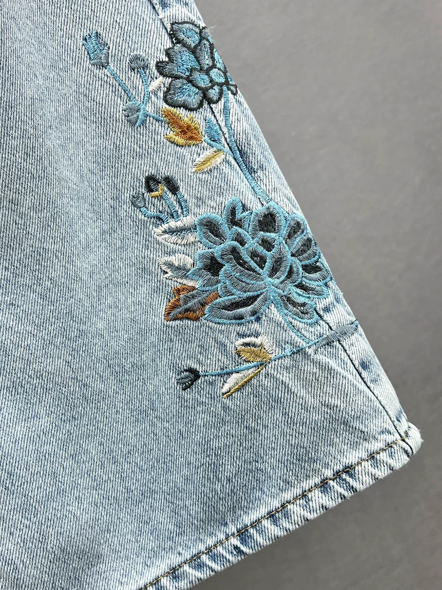Ethnic style embroidered denim skirt for women 2024 new spring and summer high waist slimming slim slit hip skirt