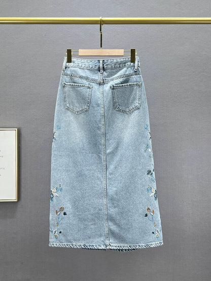 Ethnic style embroidered denim skirt for women 2024 new spring and summer high waist slimming slim slit hip skirt