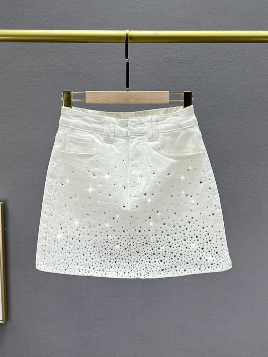 Hot diamond denim skirt women's short skirt 2024 new summer high waist slim slimming ins European goods hip skirt