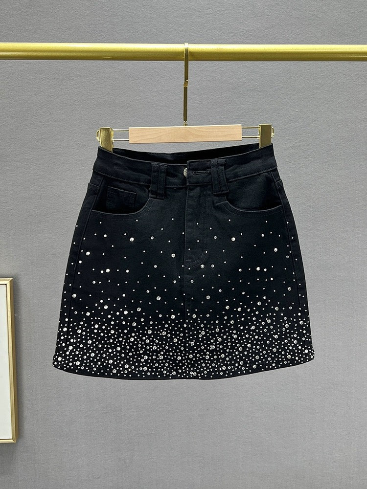 Hot diamond denim skirt women's short skirt 2024 new summer high waist slim slimming ins European goods hip skirt