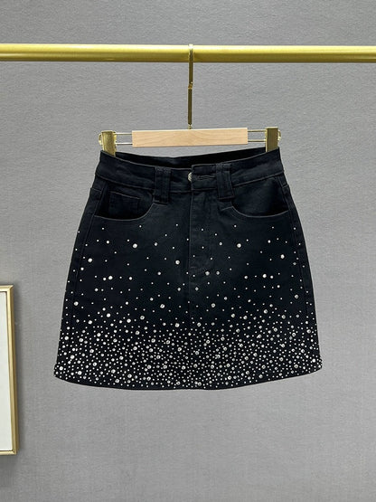 Hot diamond denim skirt women's short skirt 2024 new summer high waist slim slimming ins European goods hip skirt