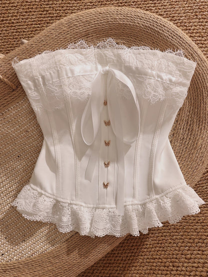 White sweet bow lace patchwork strapless top, unique design, padded bra, short style, suitable for wearing alone.