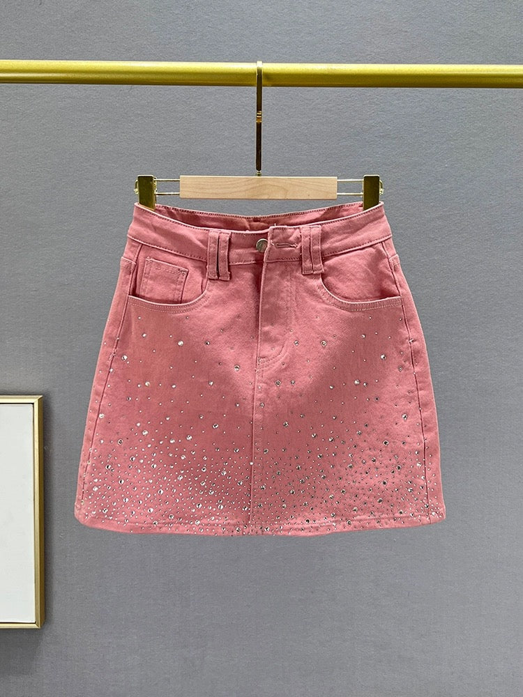 Hot diamond denim skirt women's short skirt 2024 new summer high waist slim slimming ins European goods hip skirt