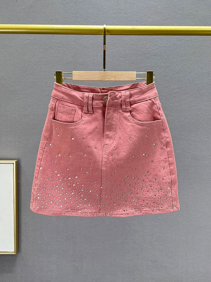Hot diamond denim skirt women's short skirt 2024 new summer high waist slim slimming ins European goods hip skirt