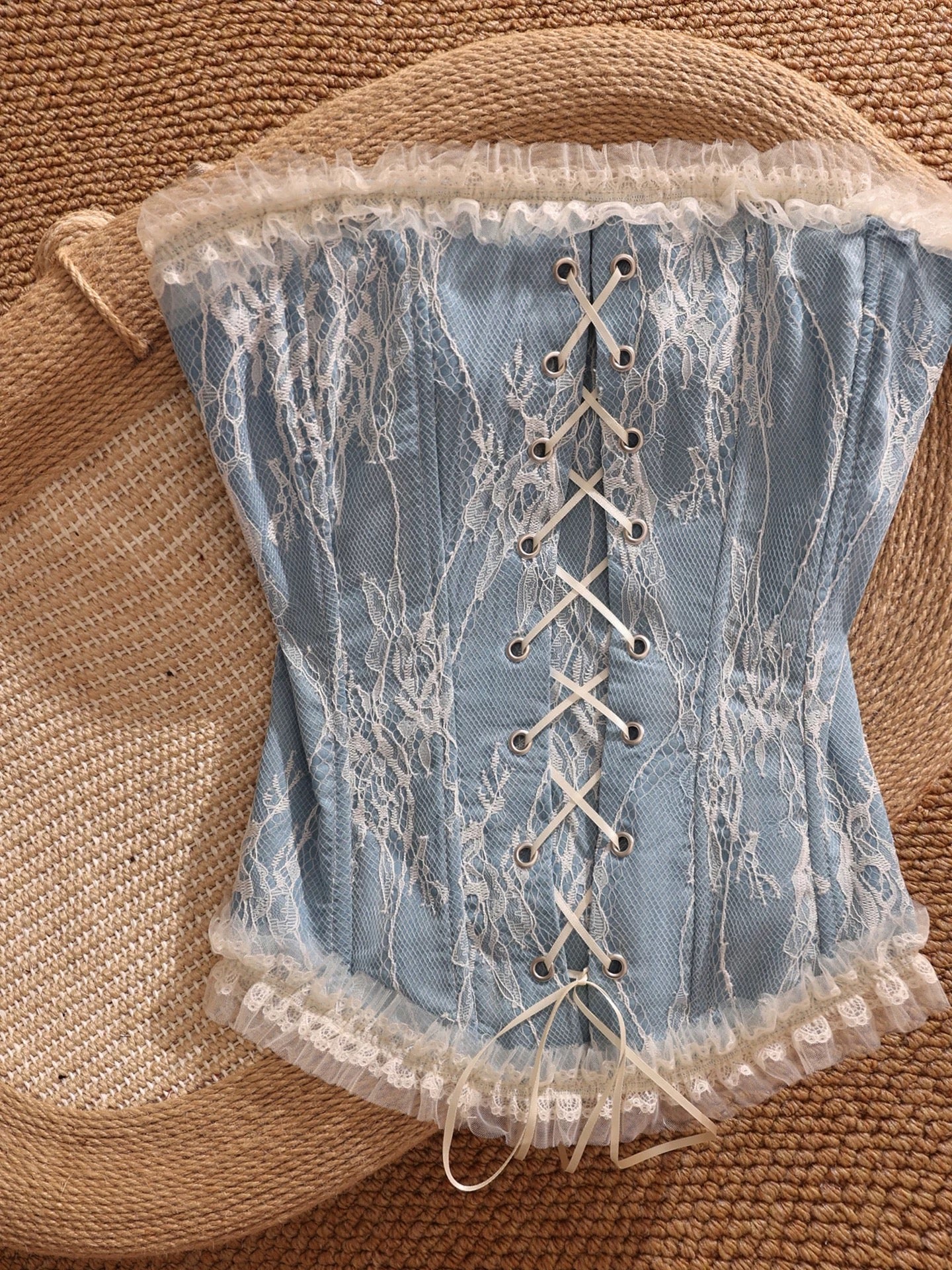 Lace fishbone corset for women, wearable as outerwear, fitted, waist-cinching, camisole, high-end, stylish, and sexy top.