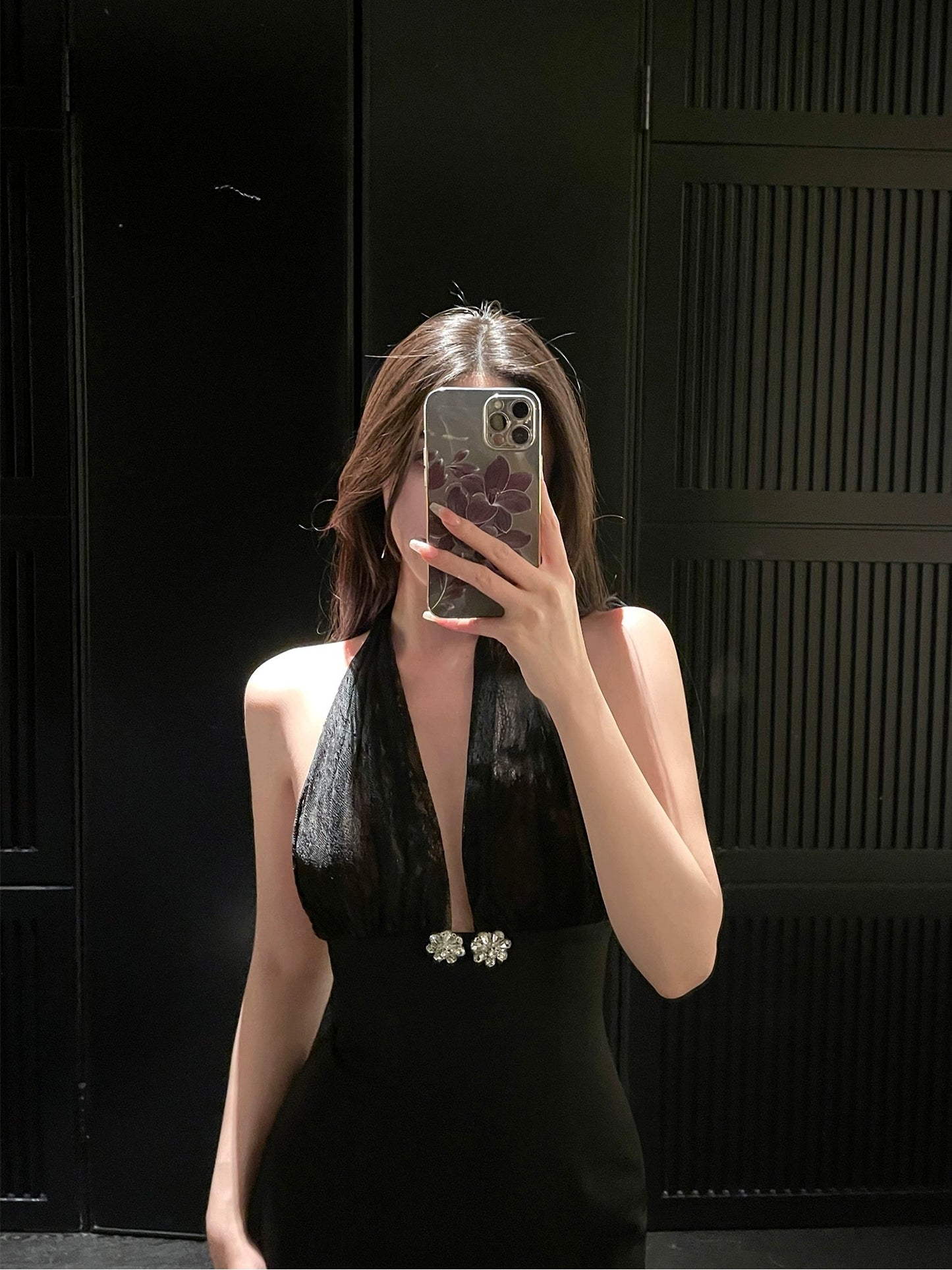 For Fay Original Black Lace Spliced Halter Dress Feminine Slim Slit Long Skirt