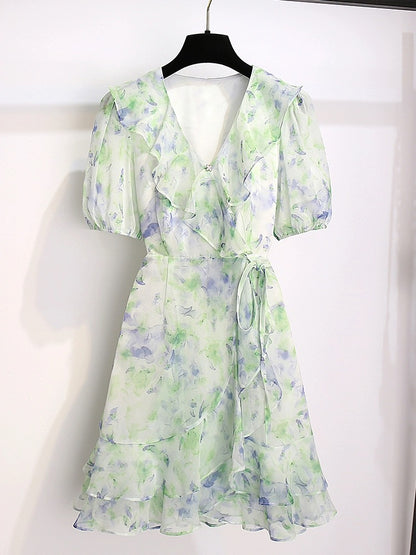 Chiffon floral dress 2024 new women's summer French style fresh temperament slim green skirt