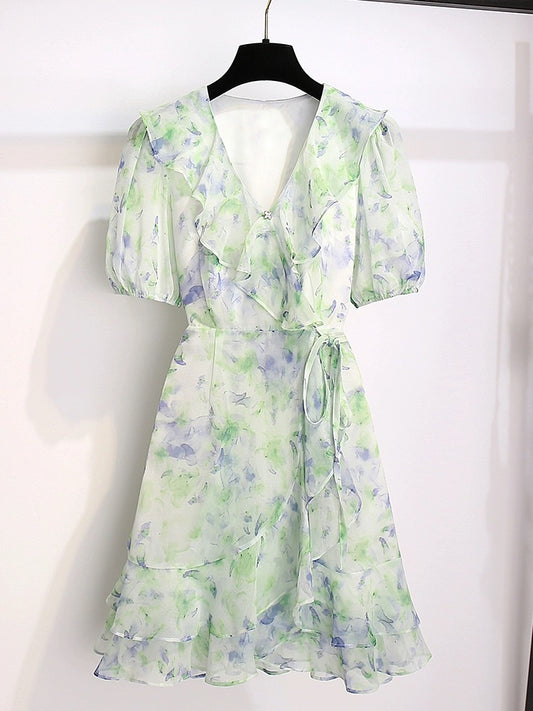 Chiffon floral dress 2024 new women's summer French style fresh temperament slim green skirt