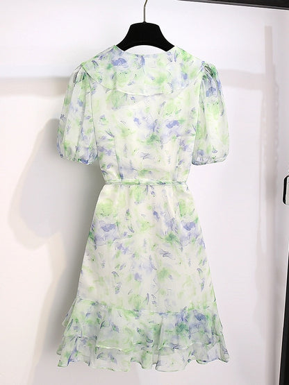 Chiffon floral dress 2024 new women's summer French style fresh temperament slim green skirt