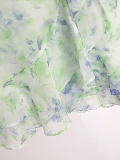 Chiffon floral dress 2024 new women's summer French style fresh temperament slim green skirt