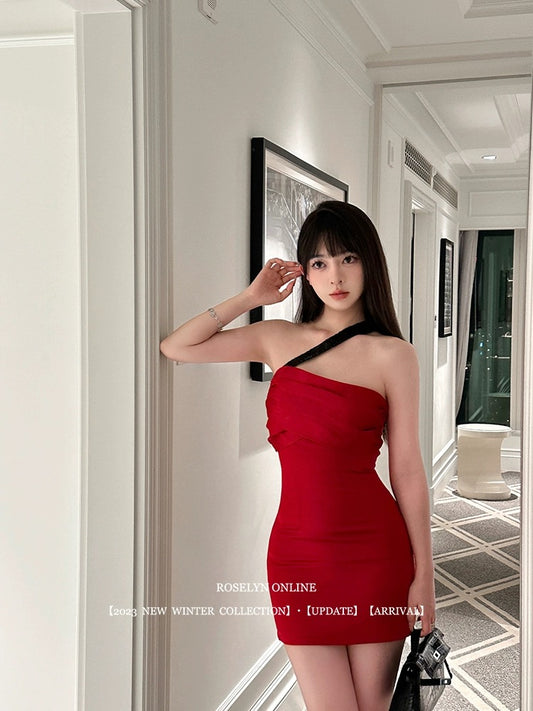 Roselyn Christmas Atmosphere Red Sequins Stitched Shoulder Sling Satin Dress Hip Cover Skirt Birthday Dress for Women