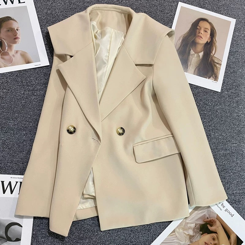 Navy collar suit jacket for women 2025 spring and autumn new style off-white double-breasted fashionable and versatile temperament suit trend