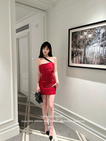 Roselyn Christmas Atmosphere Red Sequins Stitched Shoulder Sling Satin Dress Hip Cover Skirt Birthday Dress for Women