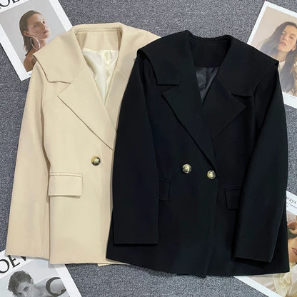 Navy collar suit jacket for women 2025 spring and autumn new style off-white double-breasted fashionable and versatile temperament suit trend