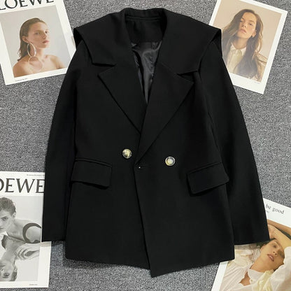 Navy collar suit jacket for women 2025 spring and autumn new style off-white double-breasted fashionable and versatile temperament suit trend